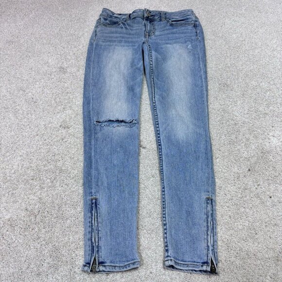 American Eagle Jeans Jegging Ankle Super Stretch Blue Distressed Pockets Size 4 - Picture 1 of 12
